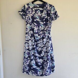 Soft Surroundings Dress M Shapely Anywhere Faux Wrap Blue Floral Knit Comfy